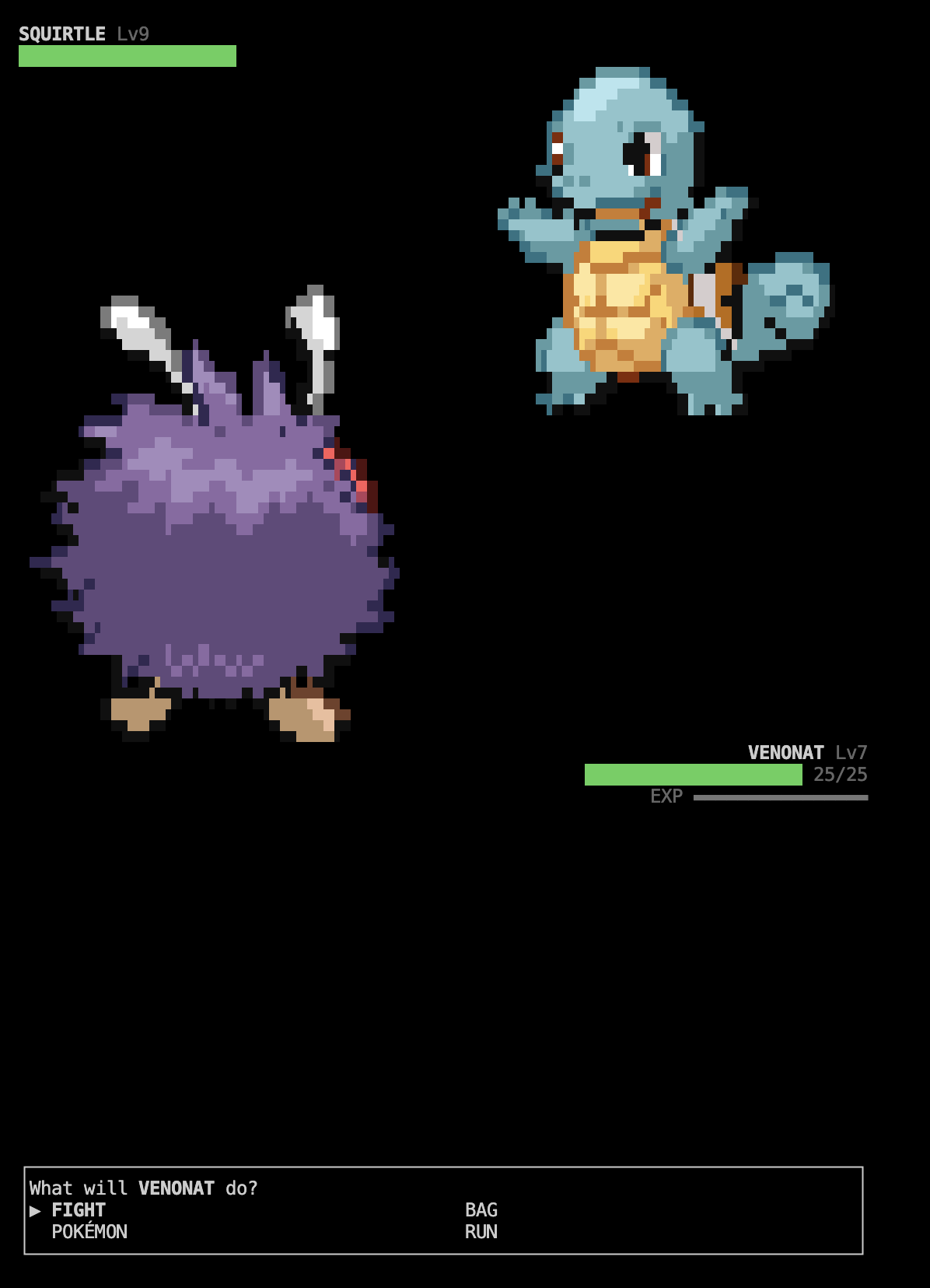 A battle: a wild Venonat facing your Squirtle, both drawn as pixel sprites, with health bars and a FIGHT / BAG / POKÉMON / RUN menu
