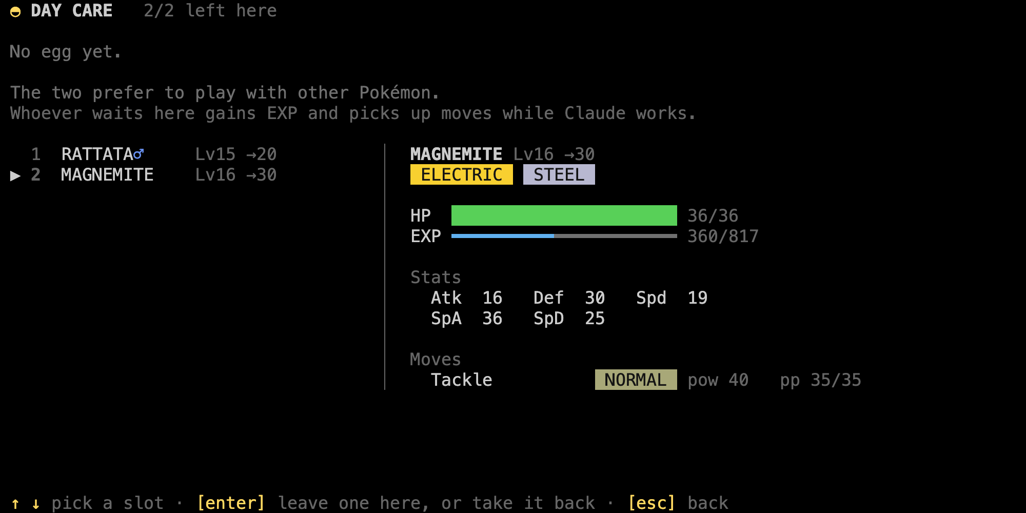 The day care screen with no egg: Rattata at Lv15 and Magnemite at Lv16 in the two slots, under a line reading The two prefer to play with other Pokémon, and Magnemite's experience bar part of the way to the next level