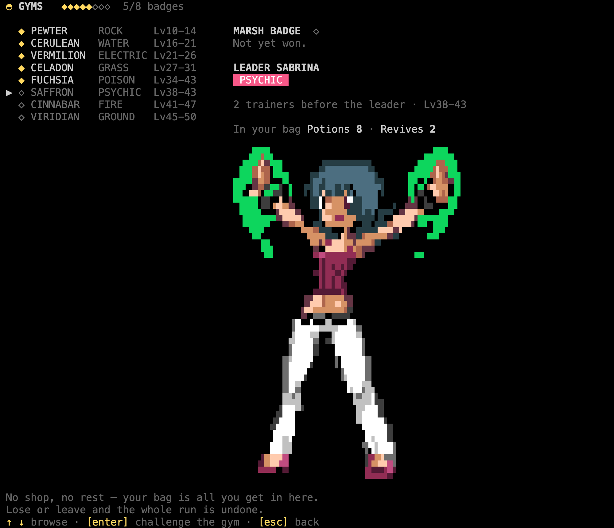 The gym screen with Saffron selected: the Marsh Badge not yet won, Leader Sabrina and her Psychic type, two trainers before the leader at Lv38 to 43, and a count of the potions and revives in the bag
