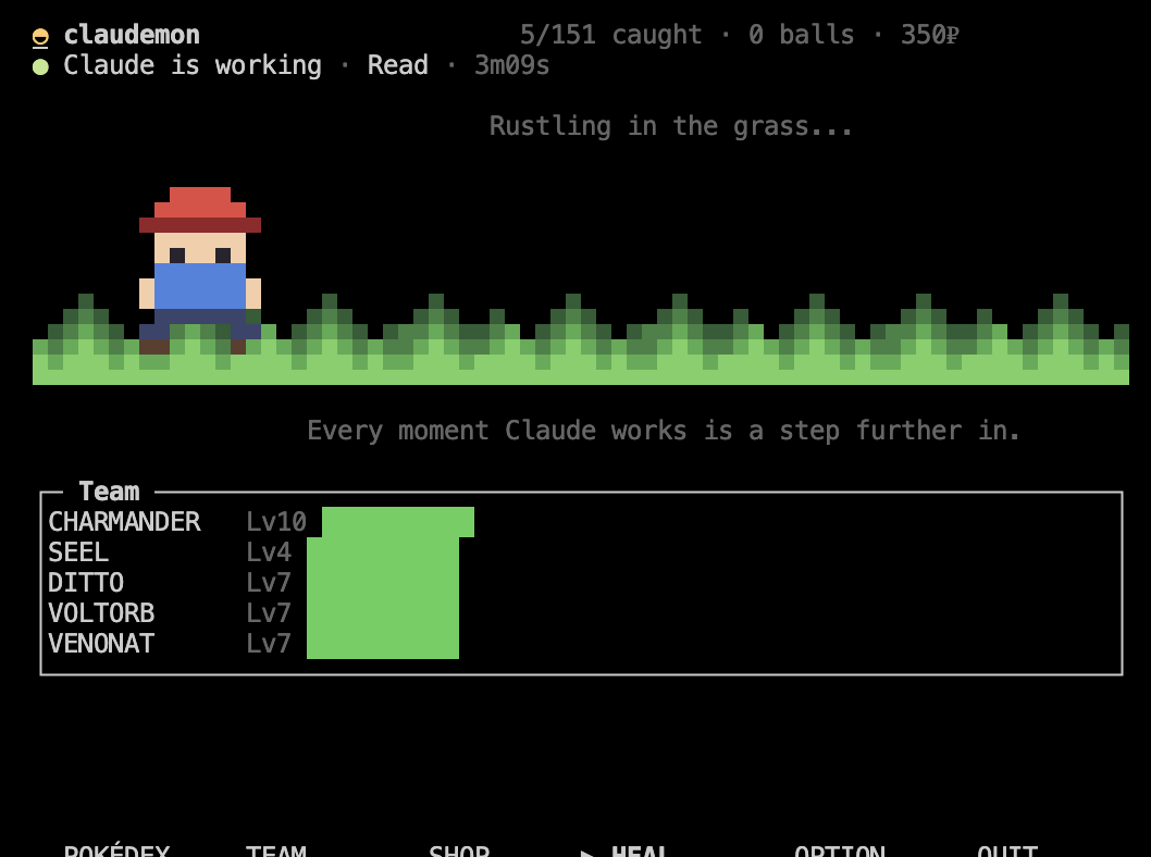 The home screen: an activity line reading Claude is working, Read, 3m09s, someone standing in a band of grass, and a team of five listed below
