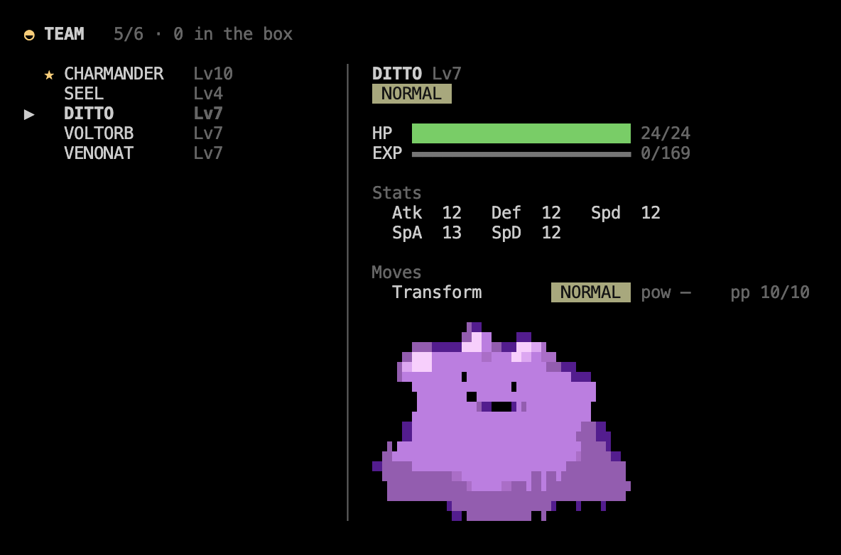 The team screen: five Pokémon listed on the left, and Ditto on the right with its health, experience, stats and moves