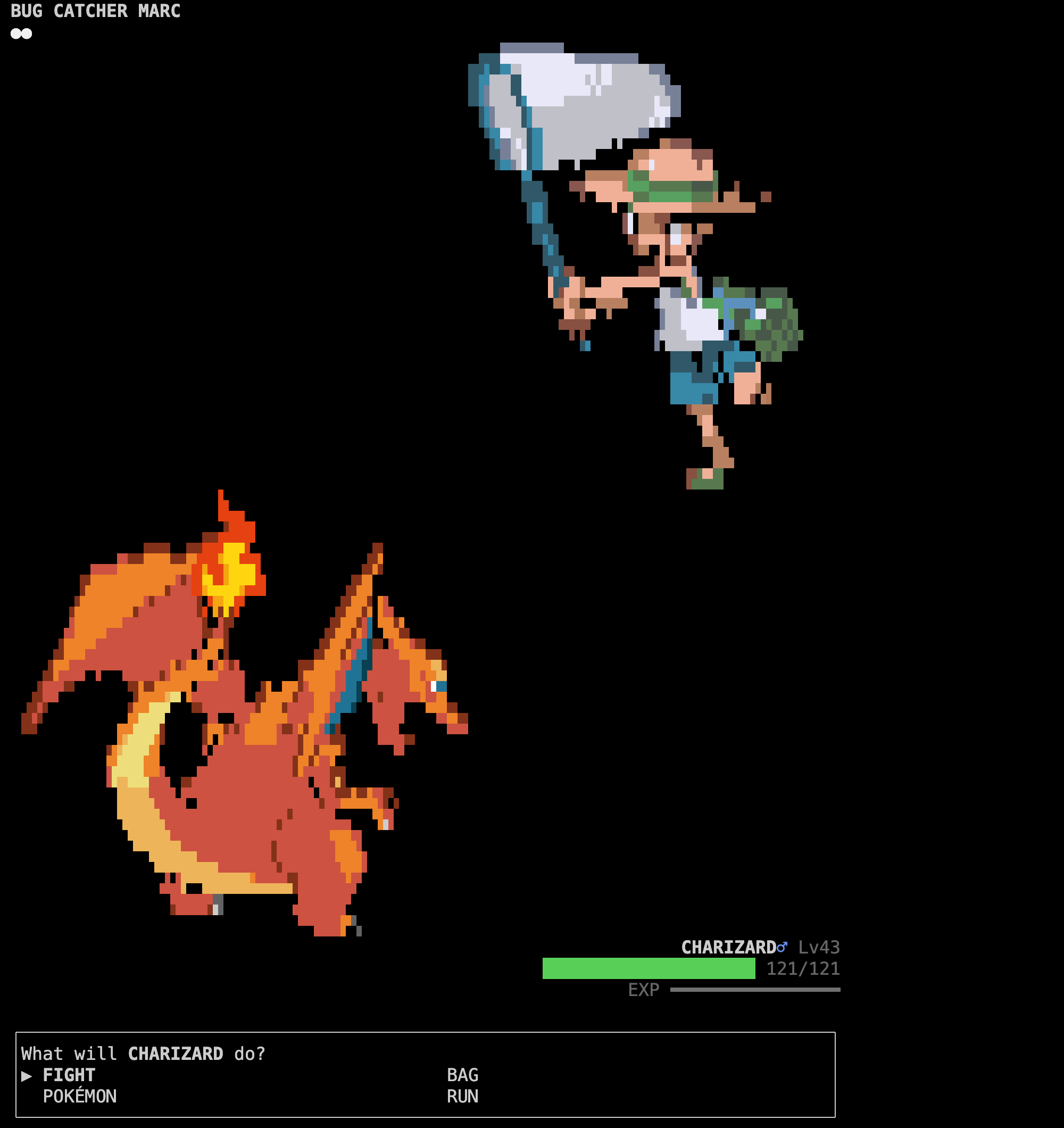 A trainer battle: Bug Catcher Marc at the top with two Poké Ball markers, facing your Charizard at Lv43